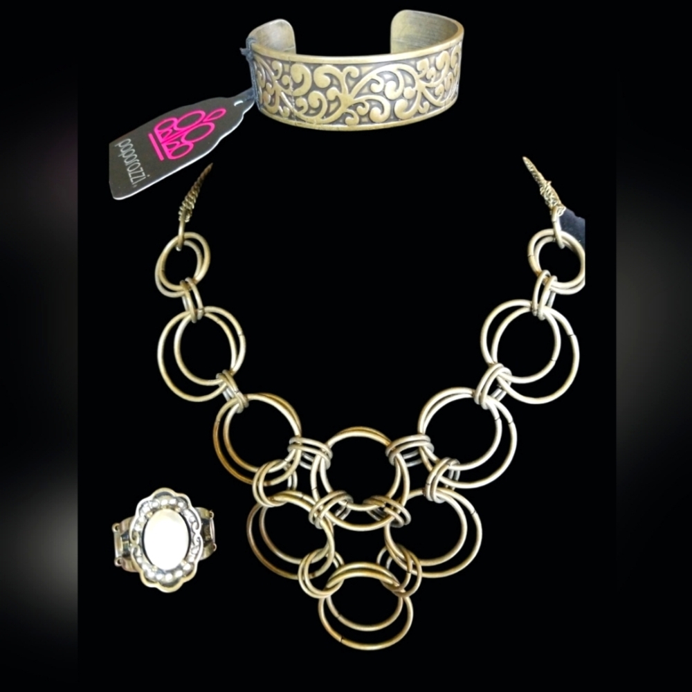 NWT Set Brass Neckace with earrings, cuff bracelet & stretchable ring